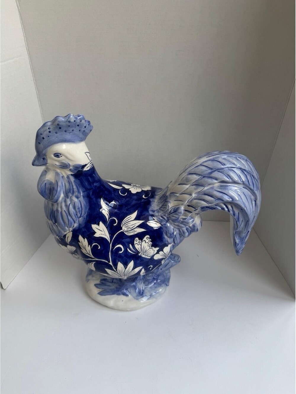 Blue & White Ceramic Rooster Figurine